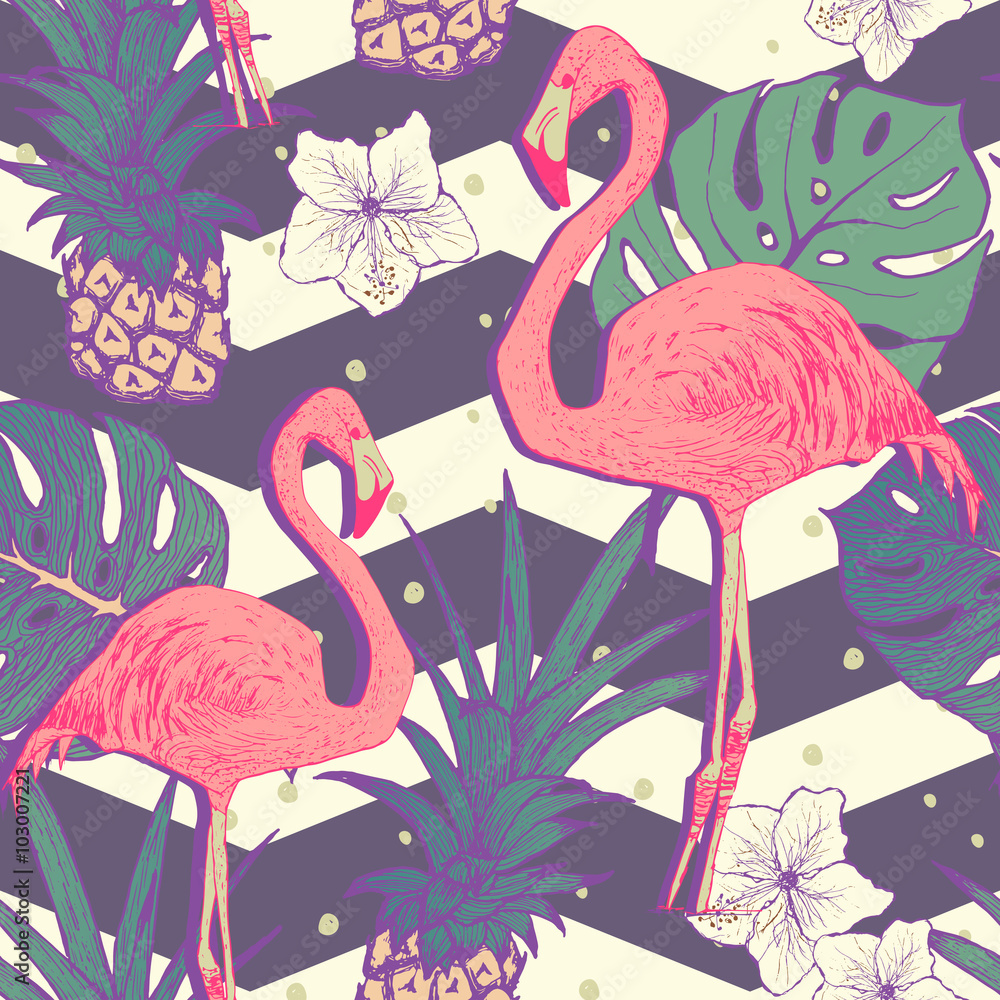 Naklejka premium Bezszwowy wzór z flamingo ptakami i ananasami