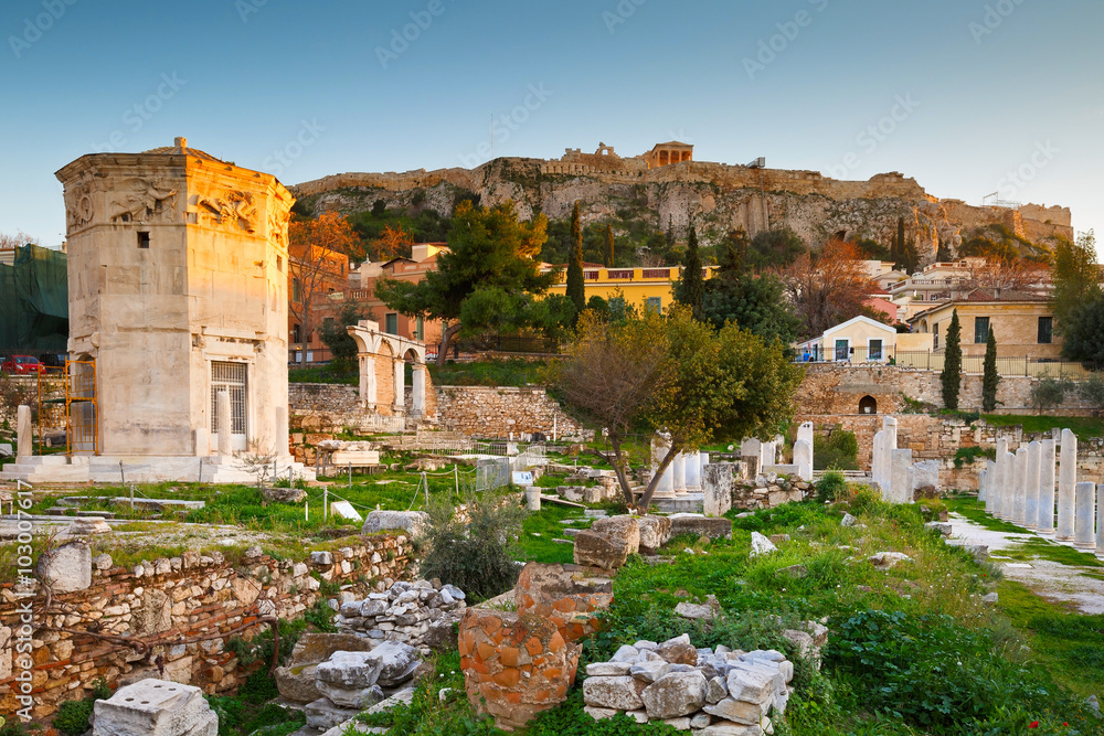 Remains of the Roman Agora and Acropolis in Athens, Greece.