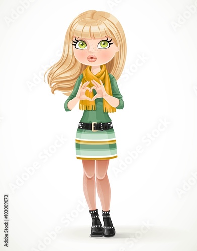 Cute blond girl making heart from fingers isolated on white background