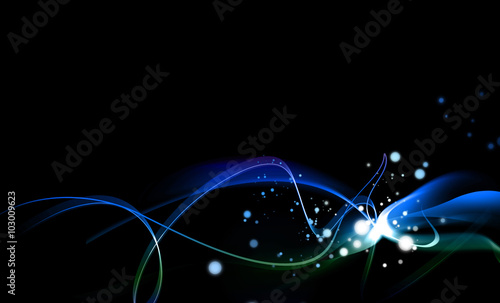 Abstract wavy and curl blue and green lines on black background (with glittering effect)