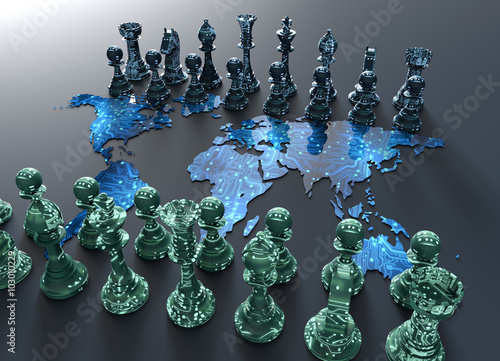 Fotografie digital world map chess board with chess play