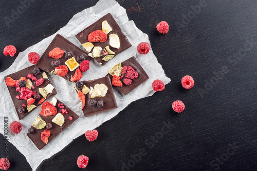 Sweet chocolate slices with fruits on white paper, sweet dessert with wooden spoon on black background. image for patisserie photo