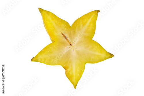 Averrhoa carambola starfruit cross-section slice isolated over white background, photo