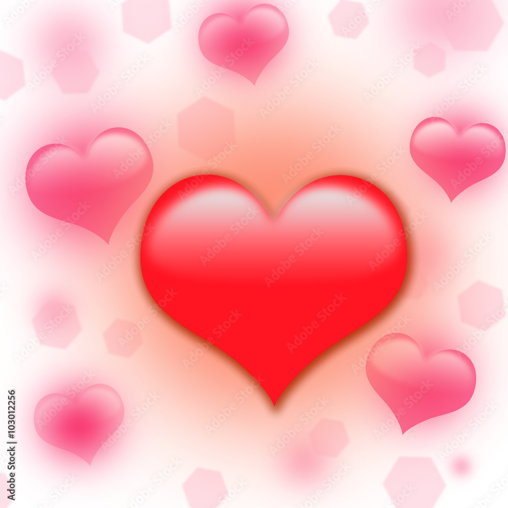 red heart on a white background with a pink bokeh. in the center volumetric red heart. over pink bokeh in the form of hexagons and hearts. blurred background pink spots give dynamics