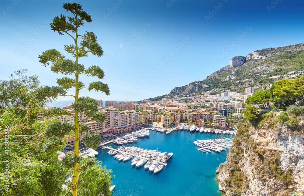 Monaco, Fontvieille, 29.08.2015: Port Fontvieille, panorama, top view, cap dail, monaco ville