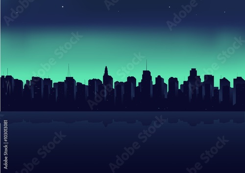 Illustration, night city on a background an ocean. © zhelunovych