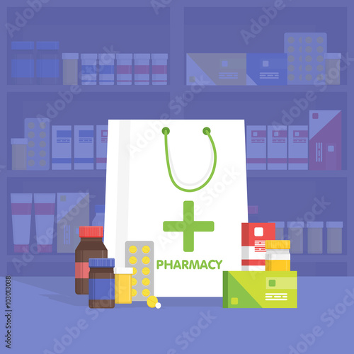 Modern interior pharmacy and drugstore.  Vector simple illustration.