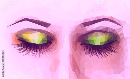 polygonal female eyes closed with long eyelashes purple