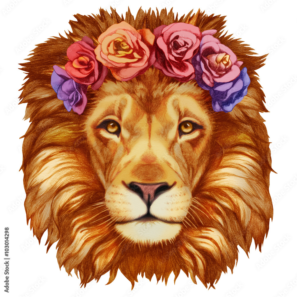Fototapeta premium Portrait of Lion with floral head wreath. Hand-drawn illustration, digitally colored.