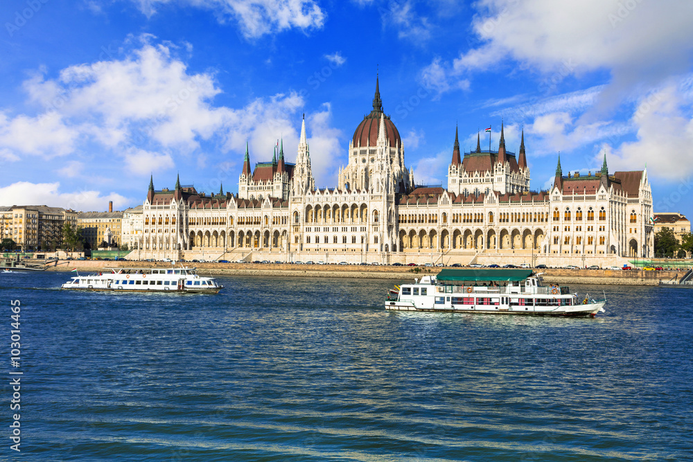 Budapest - view with Parliament and cruise boats