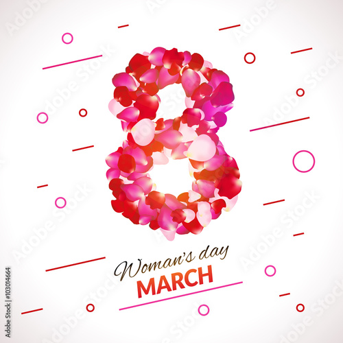 Greeting card with pink red rose petals. 8 march - woman's day illustration
