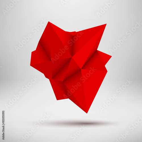Red abstract shape with low-poly, polygonal triangular mosaic texture and realistic shadow for logo, design concepts, web, presentations and prints. Vector illustration. Realistic 3D render design.