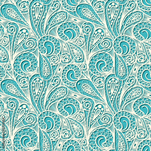 Seamless white lace pattern on blue teal background
