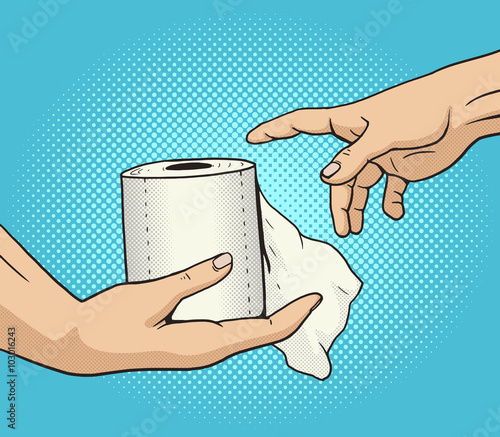 Hand gives a toilet paper to other hand pop art