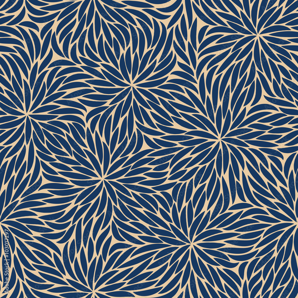 Abstract blue strokes flowers seamless pattern on light beige ba