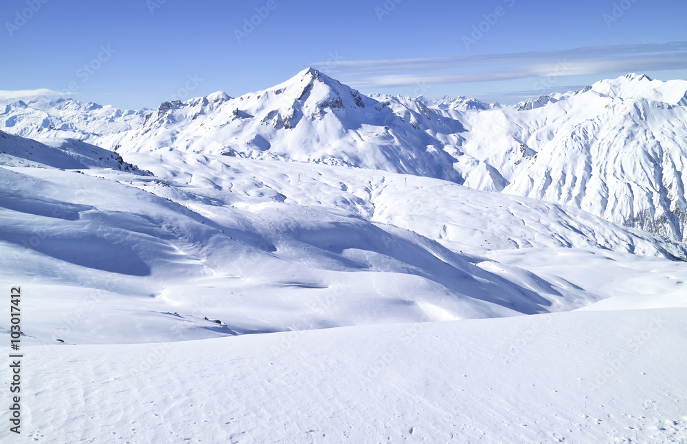 Winter rugged mountain panorama with snowy peaks and valleys, French Alps