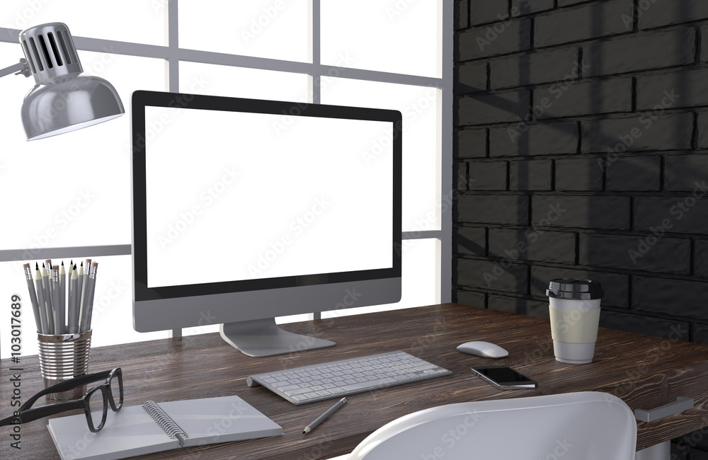 Fototapeta premium 3D illustration PC screen on table in office, Workspace