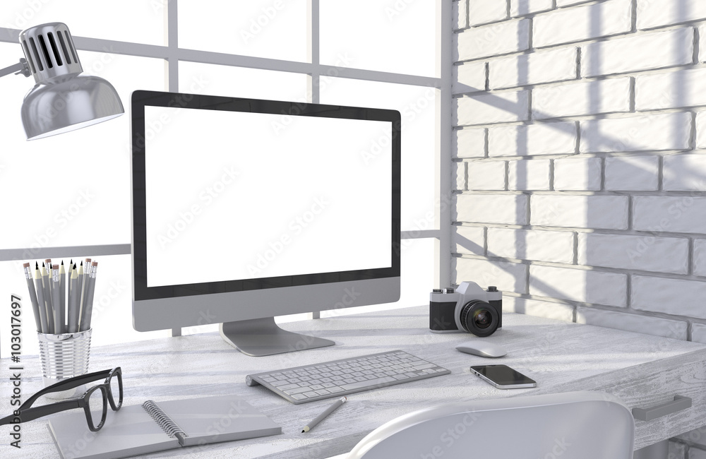 Fototapeta premium 3D illustration PC screen on table in office, Workspace
