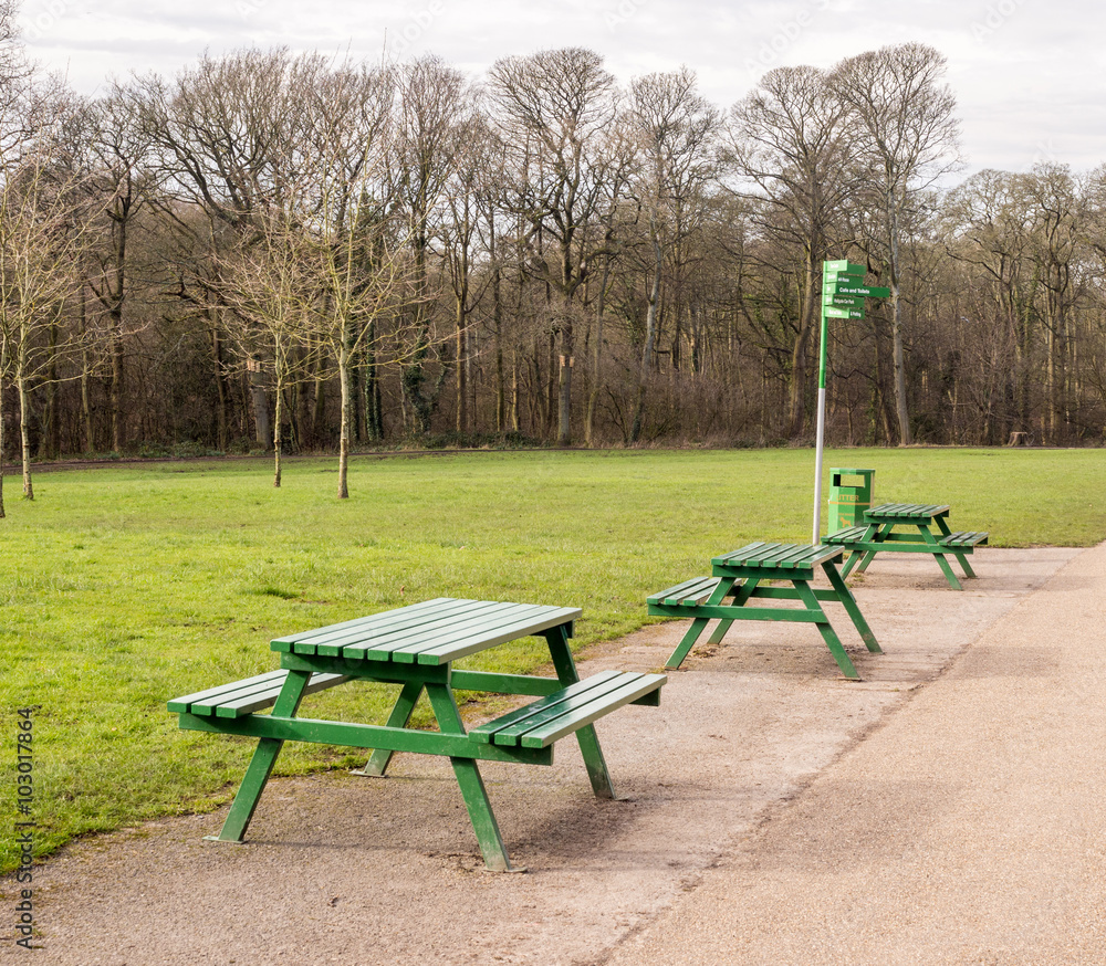 Empty park picnic bench at Astley Park Chorley, Lancashire, UK Empty park picnic bench at Astley Park Chorley, Lancashire, UK