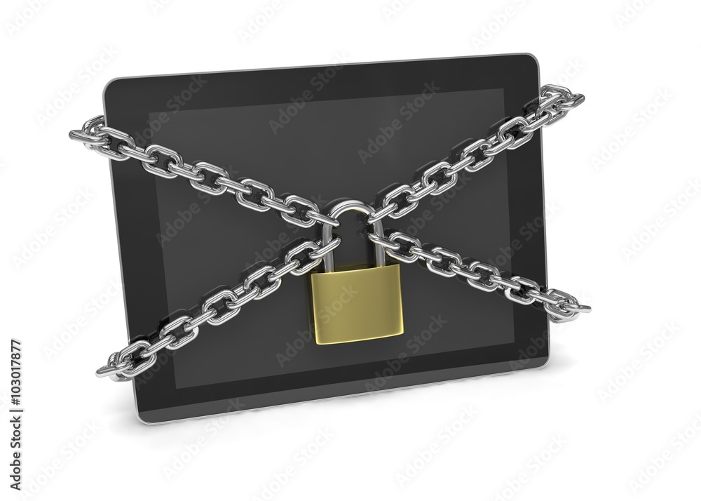 tablet PC with chains and lock isolated on white background tablet PC with chains and lock isolated on white background