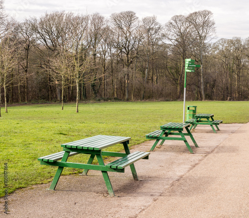 Empty park picnic bench at Astley Park Chorley, Lancashire, UK photo