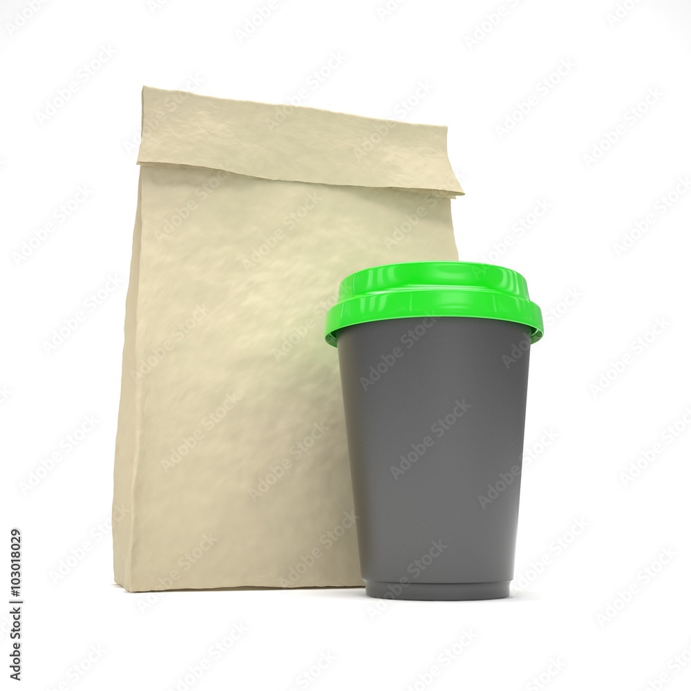 Coffee to go and lunch bag, on white. Coffee to go and lunch bag, on white.