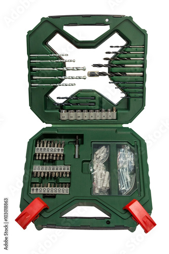 Construction case with drills and screwdrivers isolated on white background
