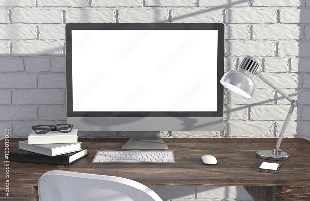 Fototapeta premium 3D illustration PC screen on table in office, Workspace