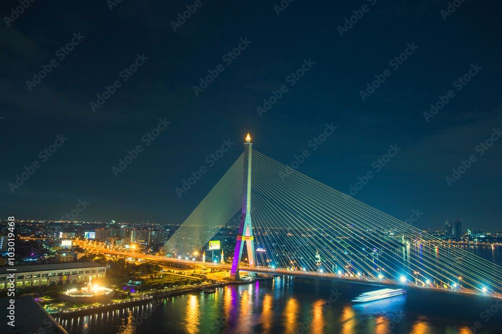 Rama 8 Bridge at night in Bangkok