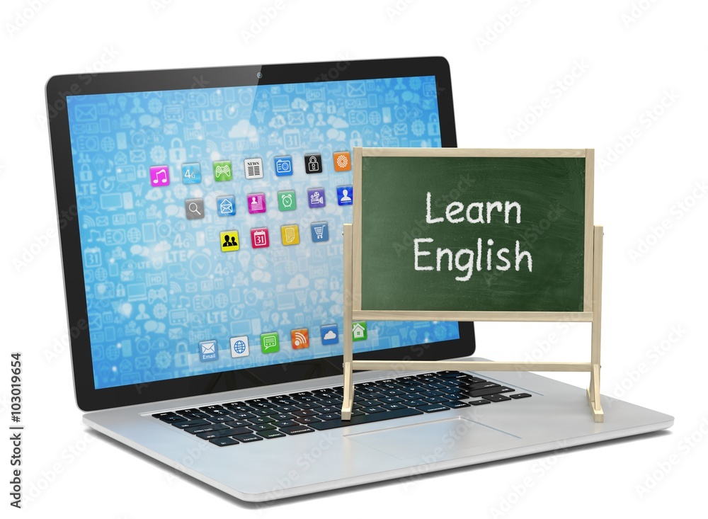 Laptop with chalkboard, learn english, online education concept Laptop with chalkboard, learn english, online education concept