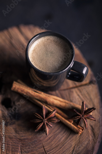 Delicious cup of coffee with cinnamon photo