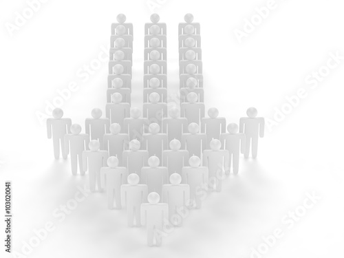 Many 3d people figure in arrow shape with the leader in front