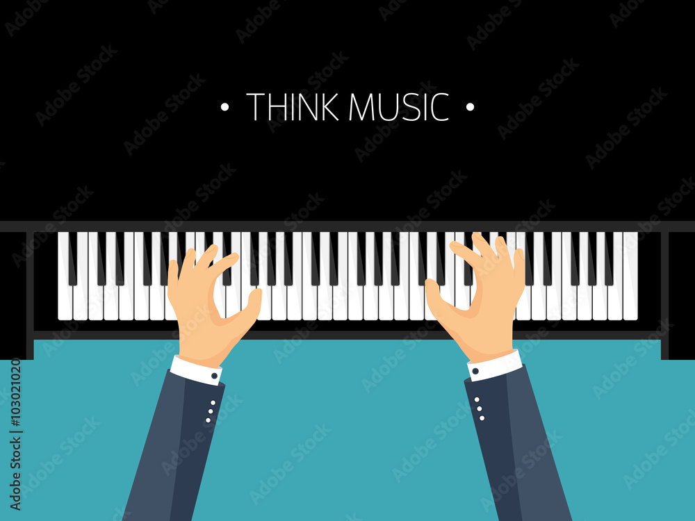 Fototapeta premium Vector illustration. Musical flat background. Piano key, keyboard. Melody. Instrument. Hands.