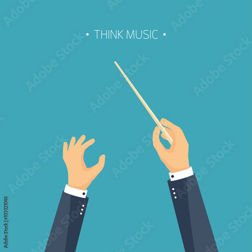 Vector illustration. Flat background. orchestra conductor. Music. Hands.