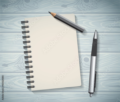 Notepad objects wood background flat design pen and pencil write