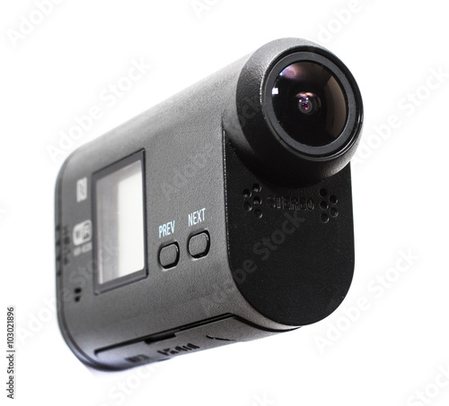 Action camera with case on white background photo