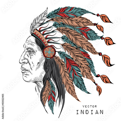 Man in the Native American Indian chief. Black roach. Indian feather headdress of eagle. Hand draw vector illustration