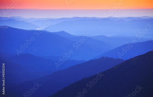 Gorgeous vibrant scenic mountain landscape, sunrise in Carpathia