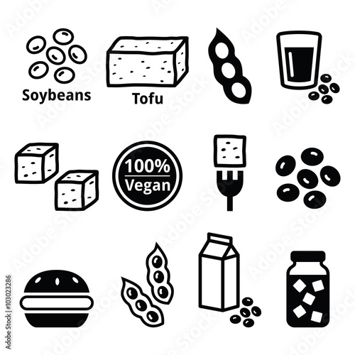Soy beans, soya, tofu icons set