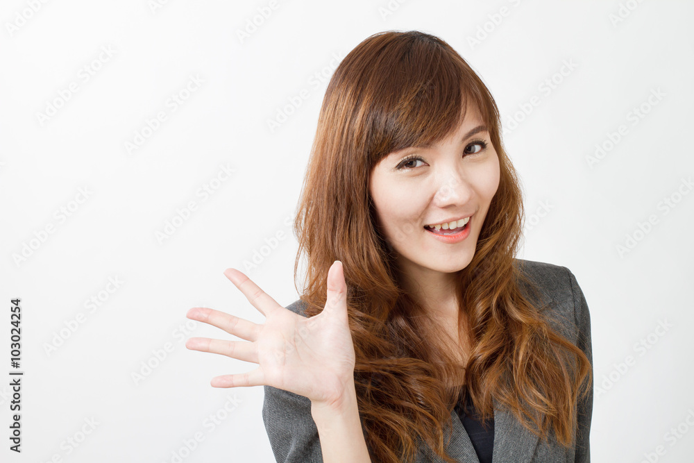 happy business woman greeting to you happy business woman greeting to you