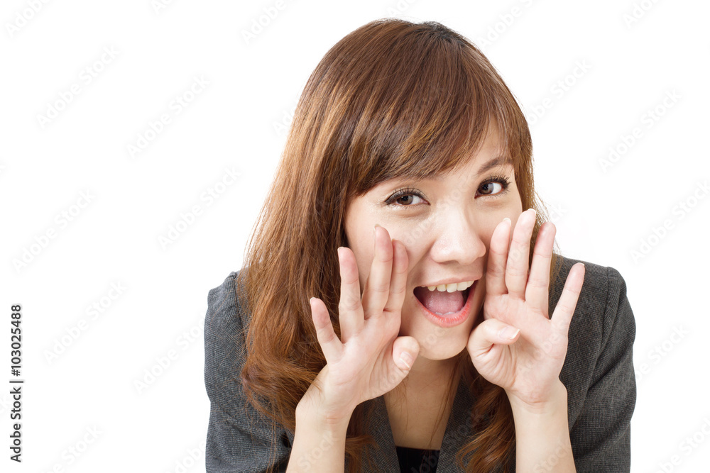 business woman announcing, shouting, speaking business woman announcing, shouting, speaking