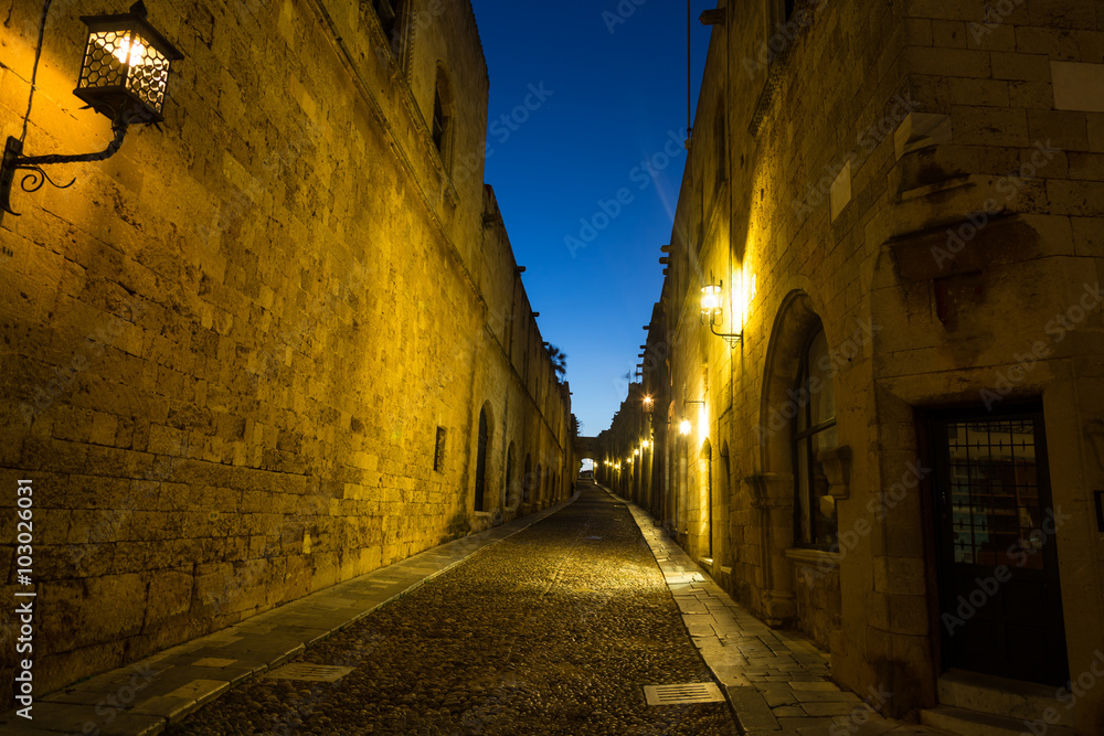 Night shot of old town streets, Rhodes Greece
