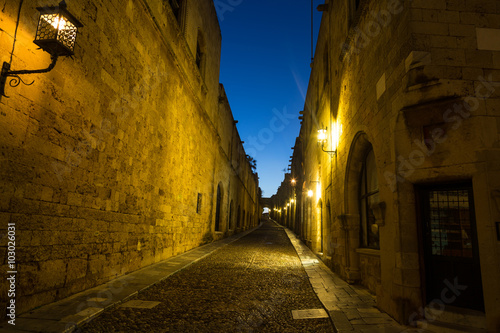 Night shot of old town streets  Rhodes Greece