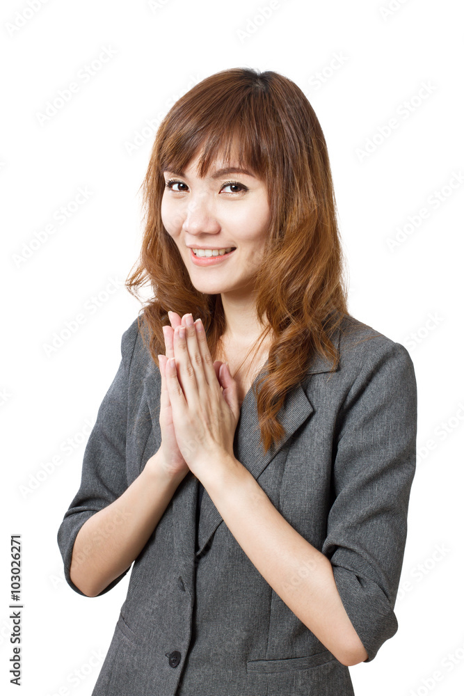 welcoming business woman's greeting gesture in exotic asian styl welcoming business woman's greeting gesture in exotic asian styl