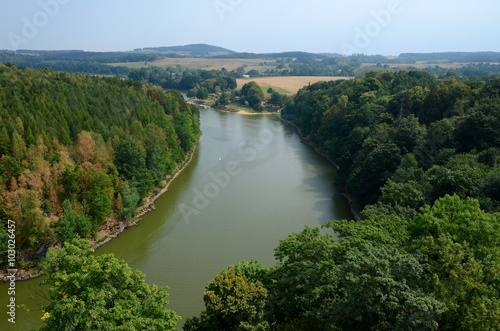 Obraz na płótnie Landscape with a river flowing through the forest (Kwisa in Poland) w salonie