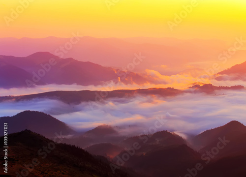 Beautiful scenic foggy mountain landscape.