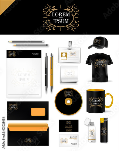 Abstract vintage logo black gold and corporate identity template realistic set of cups, business card, letterhead, envelope, drive, usb memory sticks and pen. Vector illustration