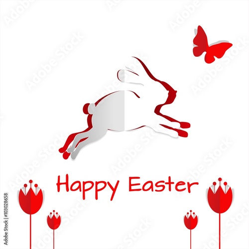 Happy Easter - Easter Bunny hopping away quickly - with butterfly - Crocuses - tulips silhouette