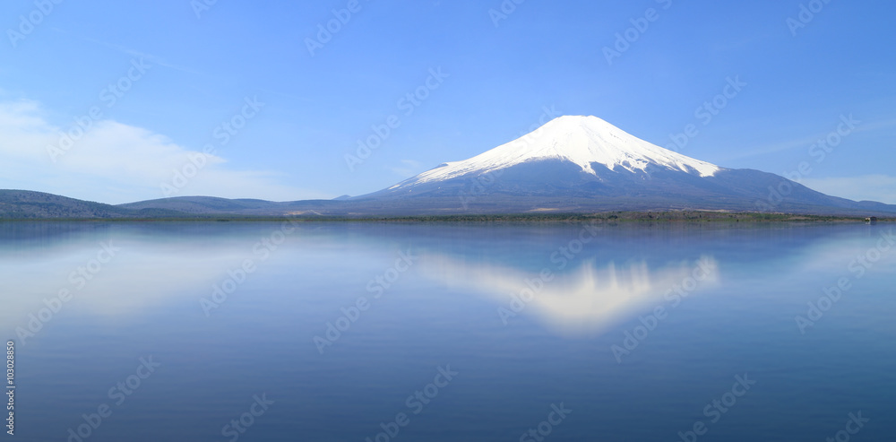 view of Mount Fuji with mirror reflection in lake, Japan view of Mount Fuji with mirror reflection in lake, Japan