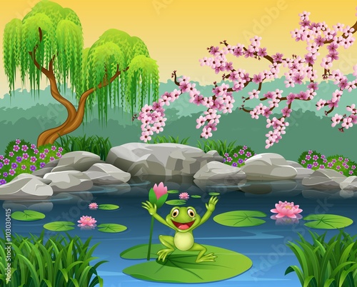 Cute frog jumping on the lily water